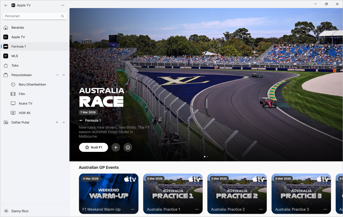 App Apple TV dengan Formula 1 dibuka.