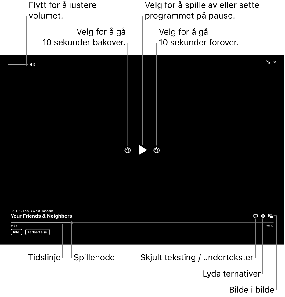 Avspillingskontroller i visningen, inkludert knapper for å spille av eller sette på pause, hoppe fram eller tilbake og justere volumet.