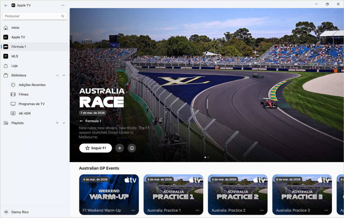 O app Apple TV com a seção Fórmula 1 aberta.