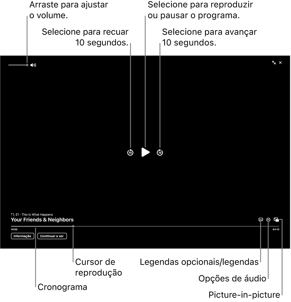 Controlos de reprodução no visualizador, incluindo os botões reproduzir, pausar, avançar ou retroceder e ajustar o volume.