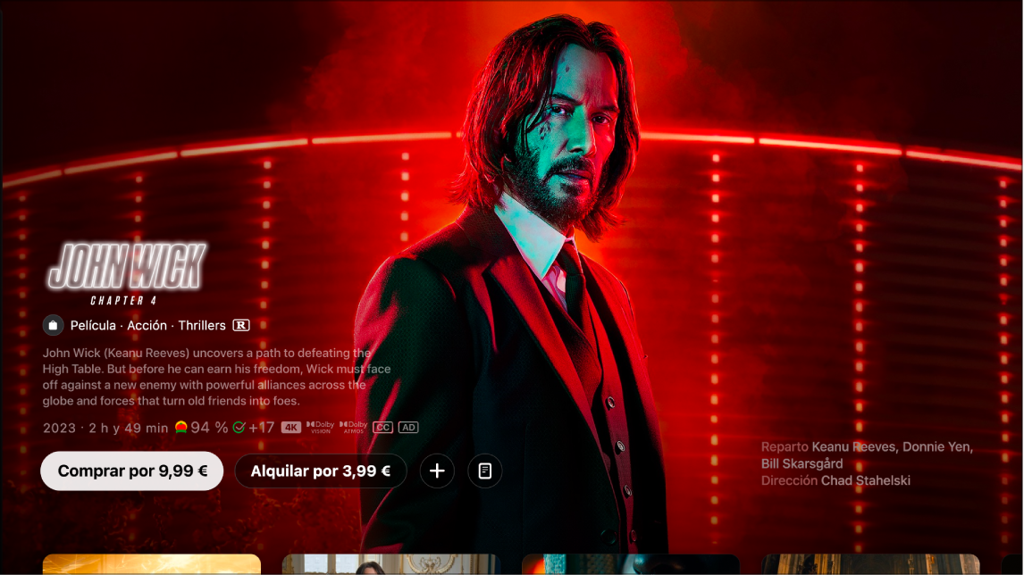 Pantalla de información de la película