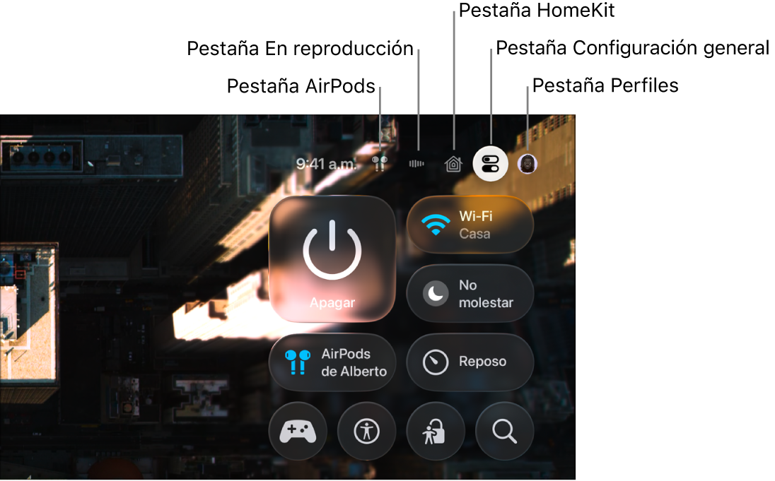 Ilustración mostrando pestañas en el centro de control