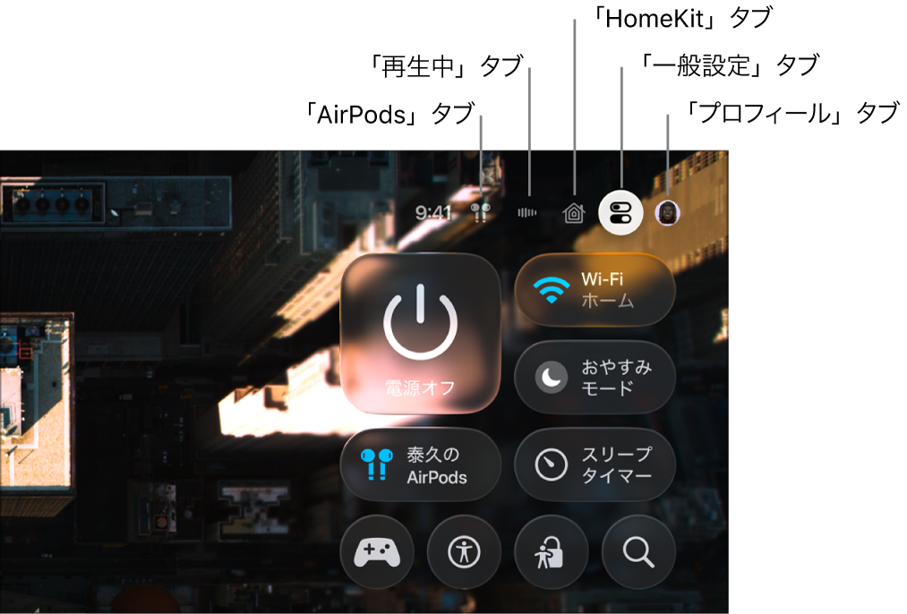 コントロールセンターのタブを示した図