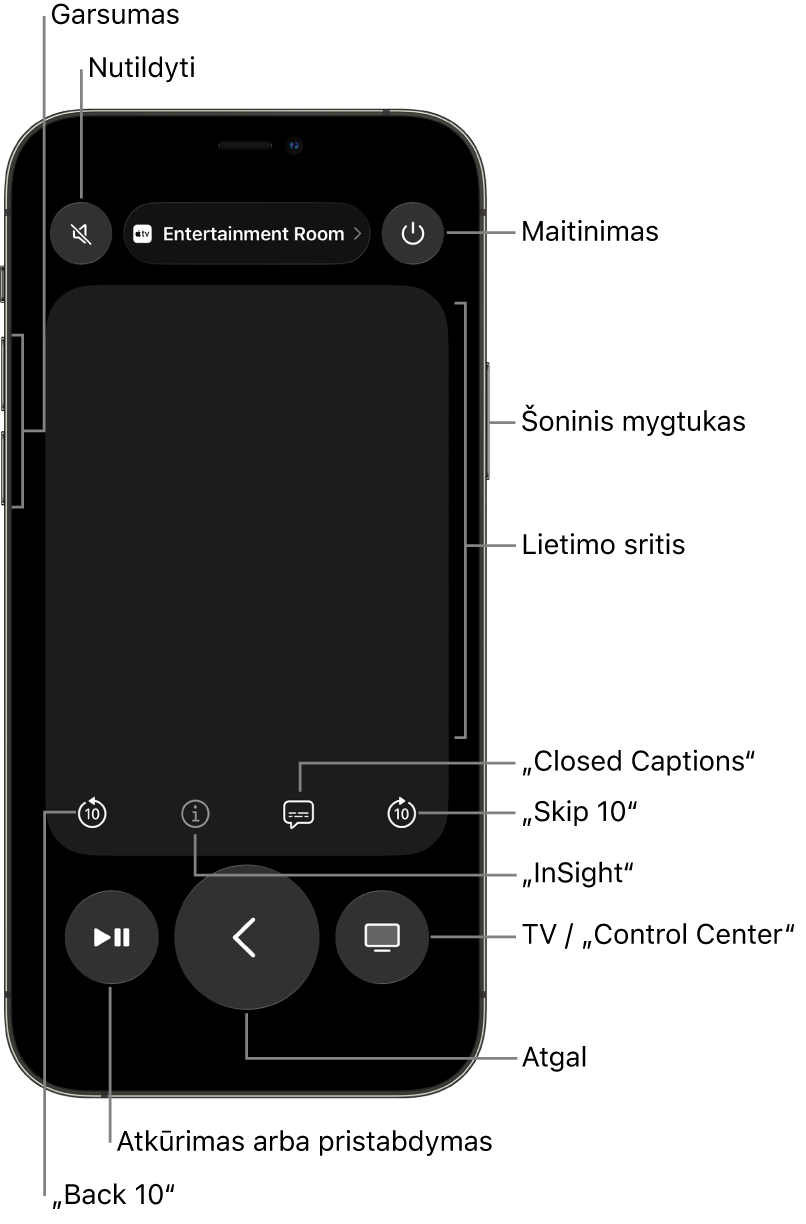 „iPhone“ programoje „Pultas“ rodomi garsumo, atkūrimo, maitinimo ir kiti mygtukai