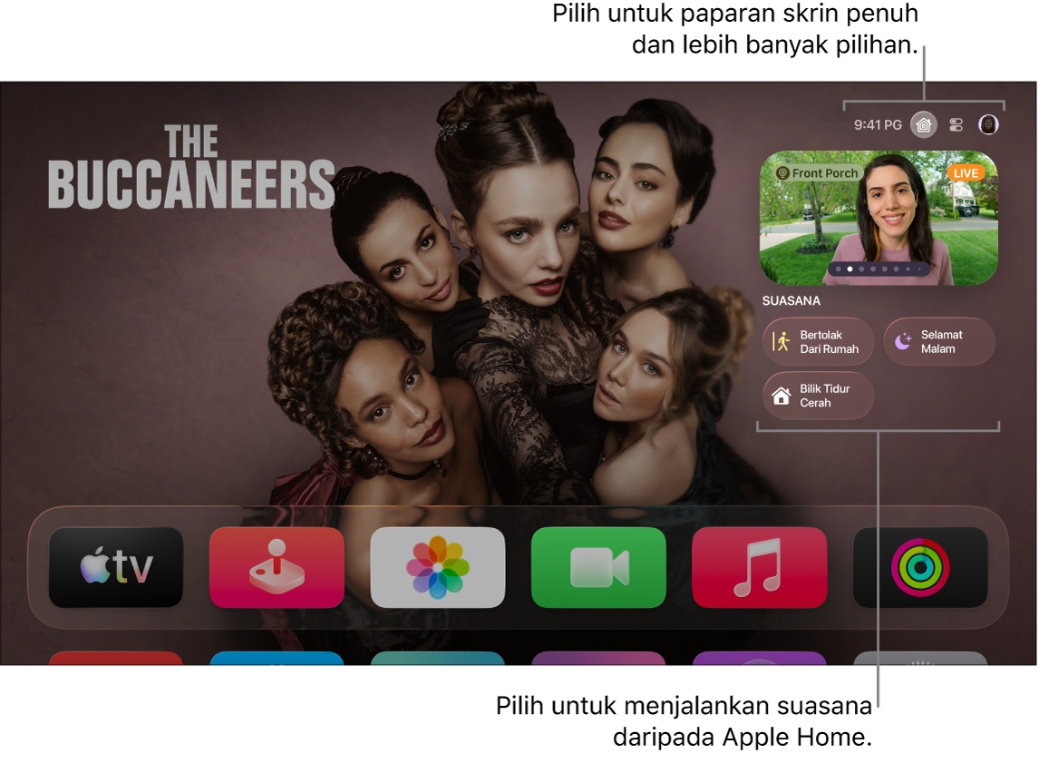 Skrin Apple TV menunjukkan tab Apple Home.