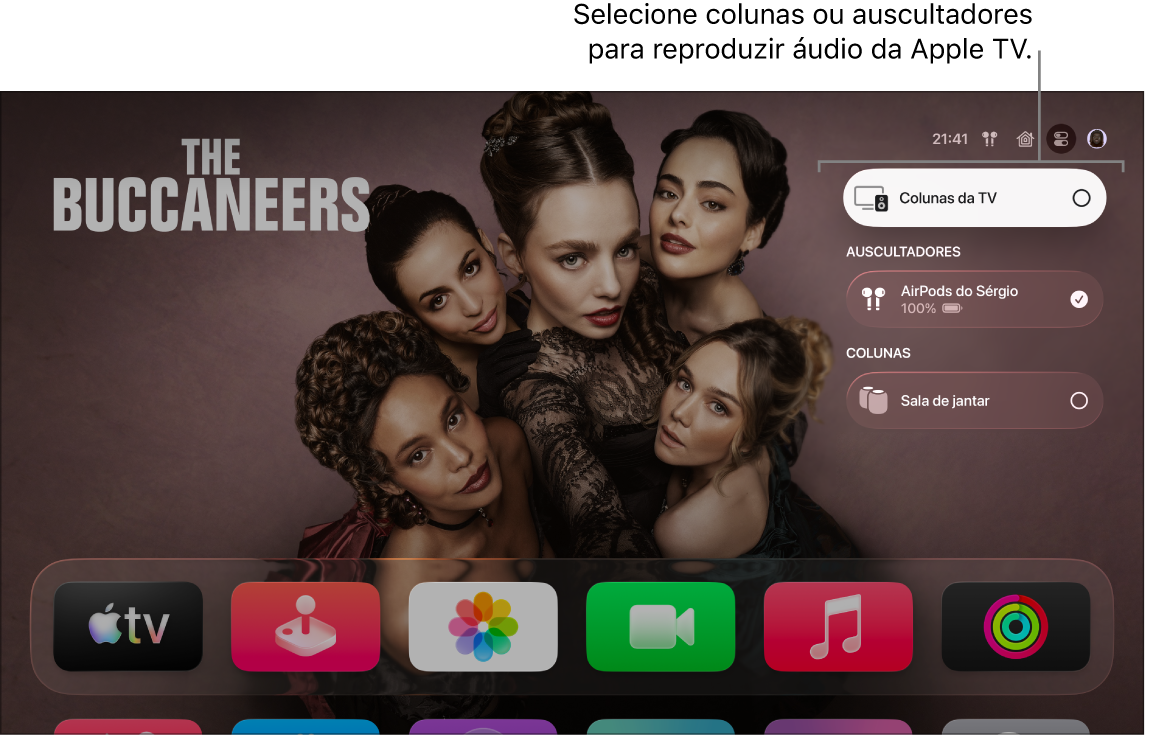 Ecrã da Apple TV a mostrar os controlos de áudio da central de controlo