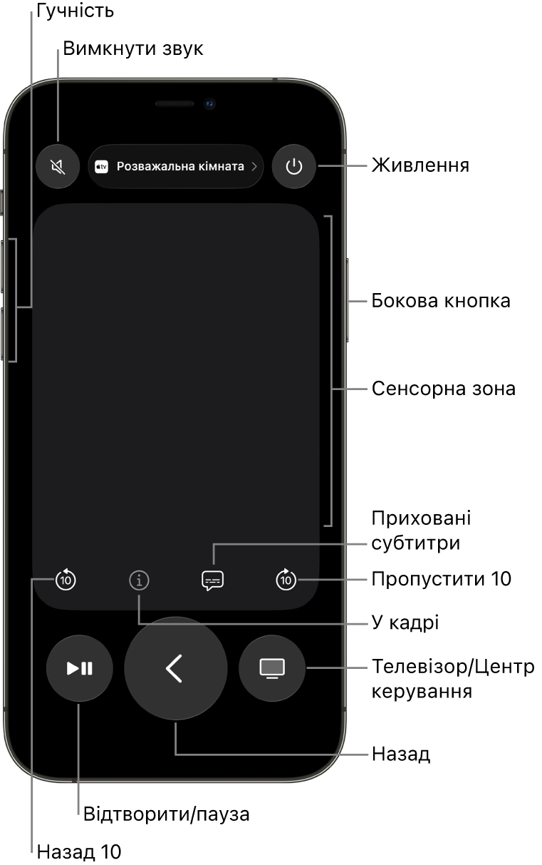 Програма «Пульт» на iPhone із кнопками гучності, відтворення, живлення тощо