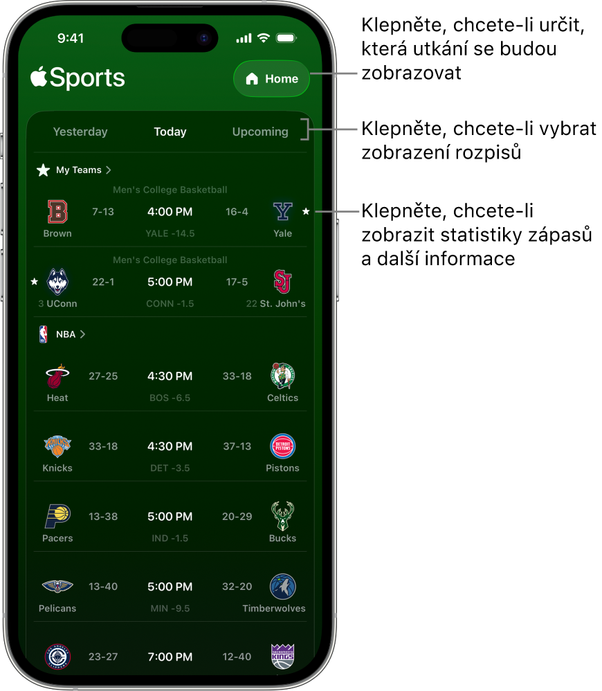 Podrobné informace o skóre v aplikaci Apple Sports