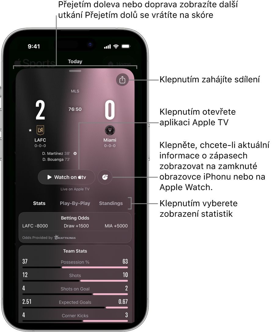 Detail karty utkání v aplikaci Apple Sports