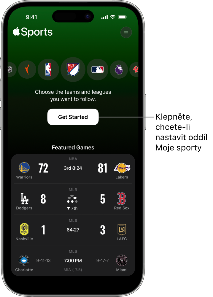 Úvodní obrazovka v aplikaci Apple Sports