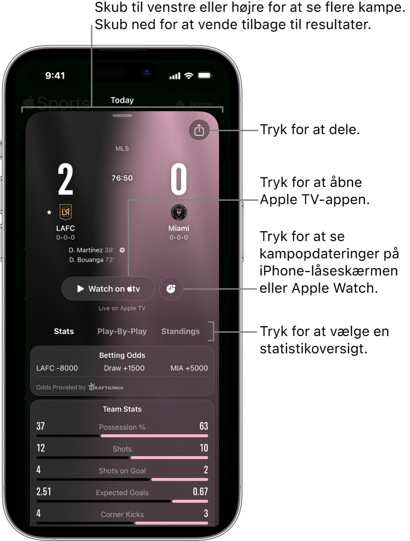 Kampoplysninger i appen Apple Sports