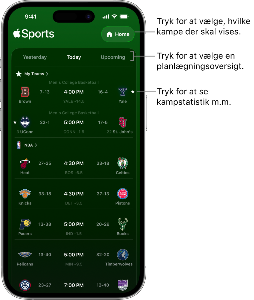 Oplysninger om resultater i appen Apple Sports