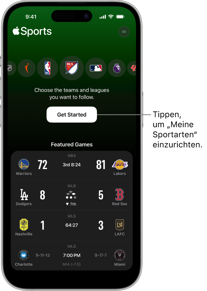 Startbildschirm in der Apple Sports-App