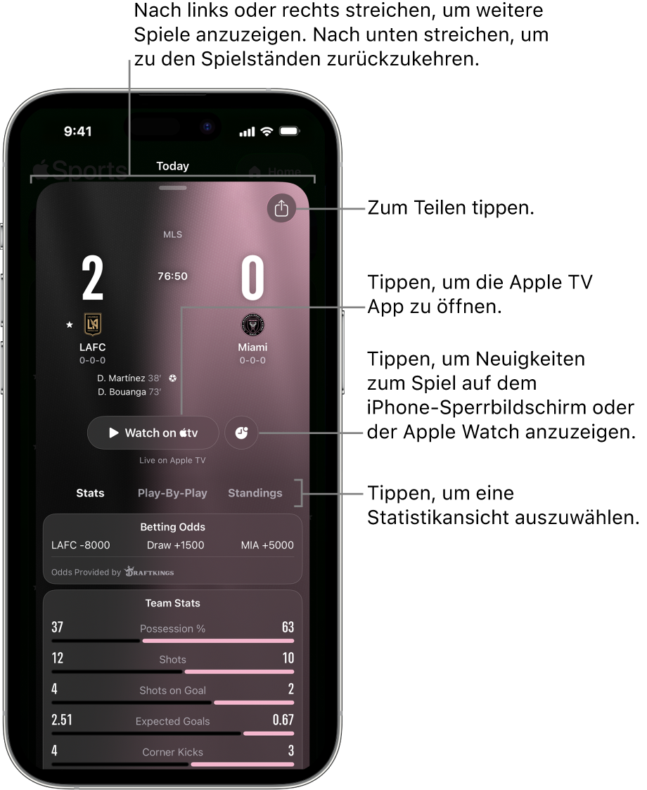 Details des Spielbildschirms in der Apple Sports-App