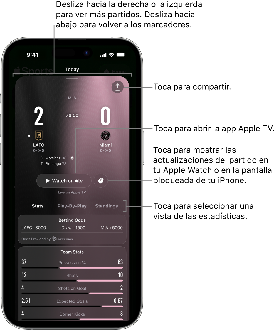 Detalle de tarjeta de partido en la app Deportes