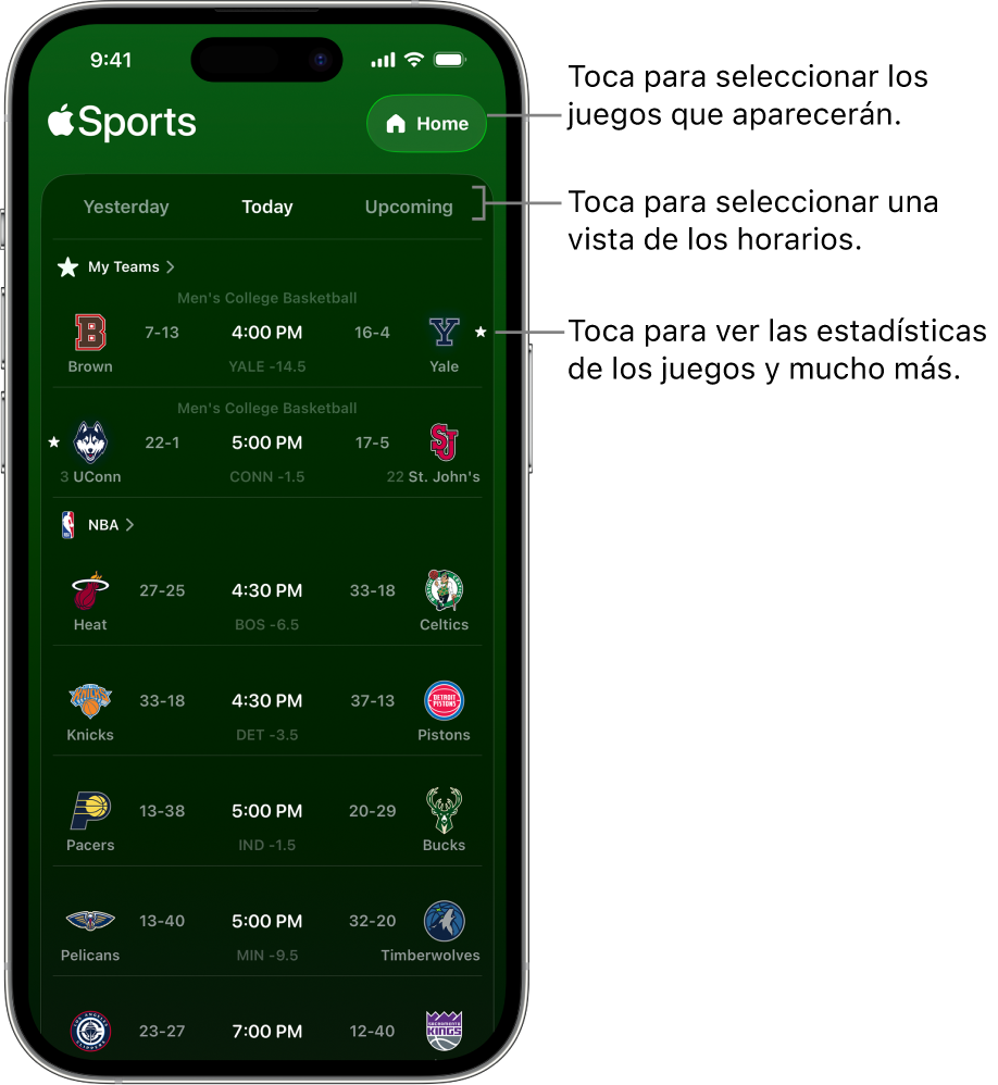 Detalles de los resultados en la app Apple Sports