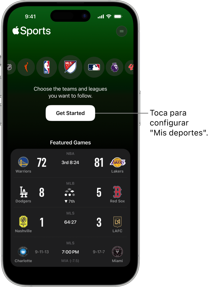 Pantalla de inicio de la app Apple Sports