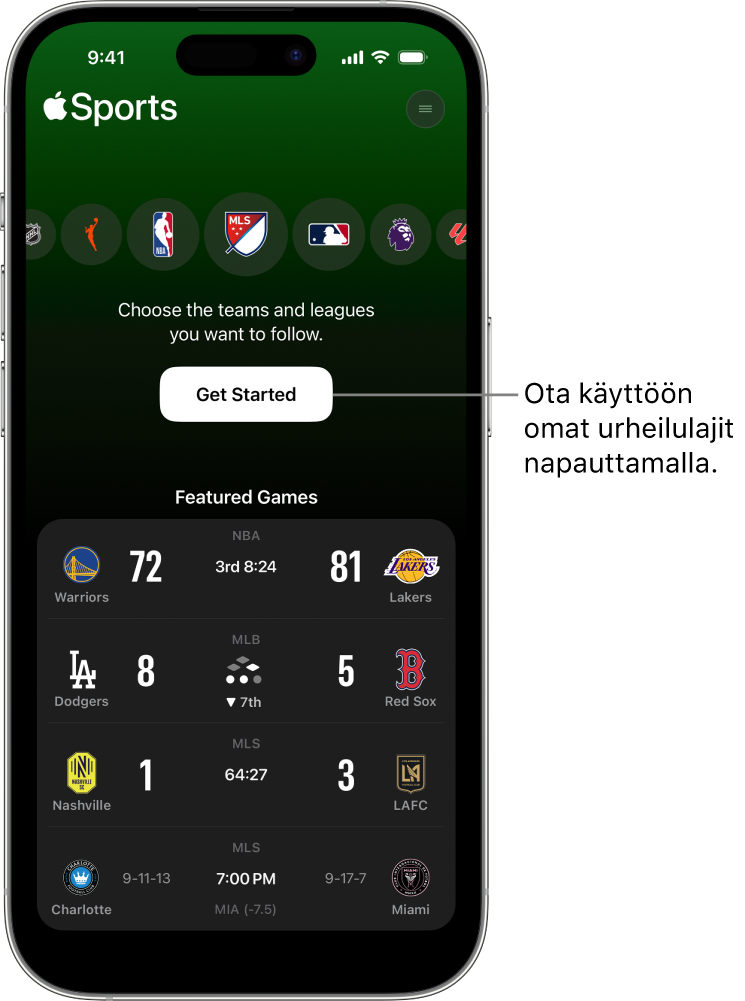 Aloitusnäyttö Apple Sports -apissa