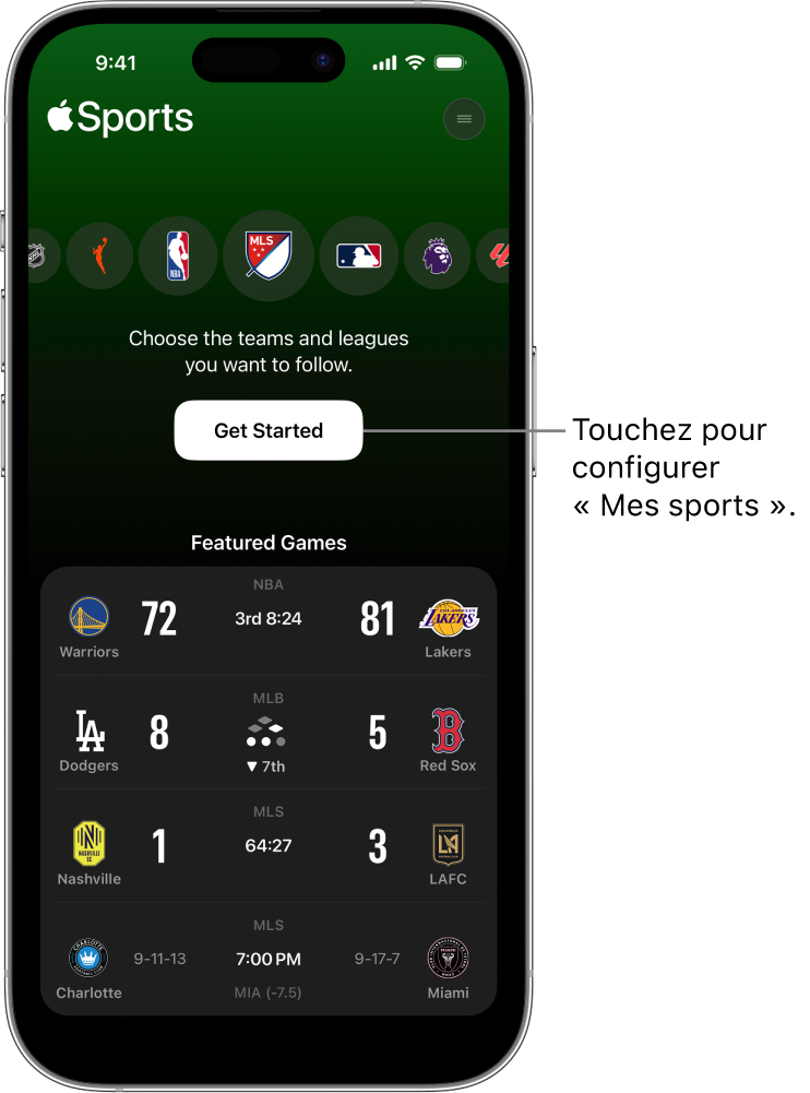 Écran Commencer de l’app Apple Sports