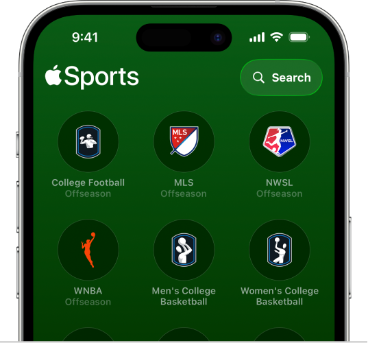 Écran de recherche de l’app Apple&nbsp;Sports