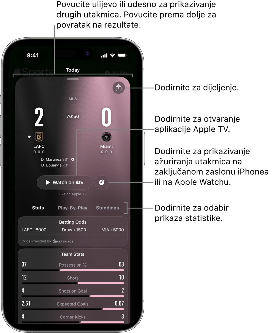Detalji kartice utakmice u aplikaciji Apple Sports