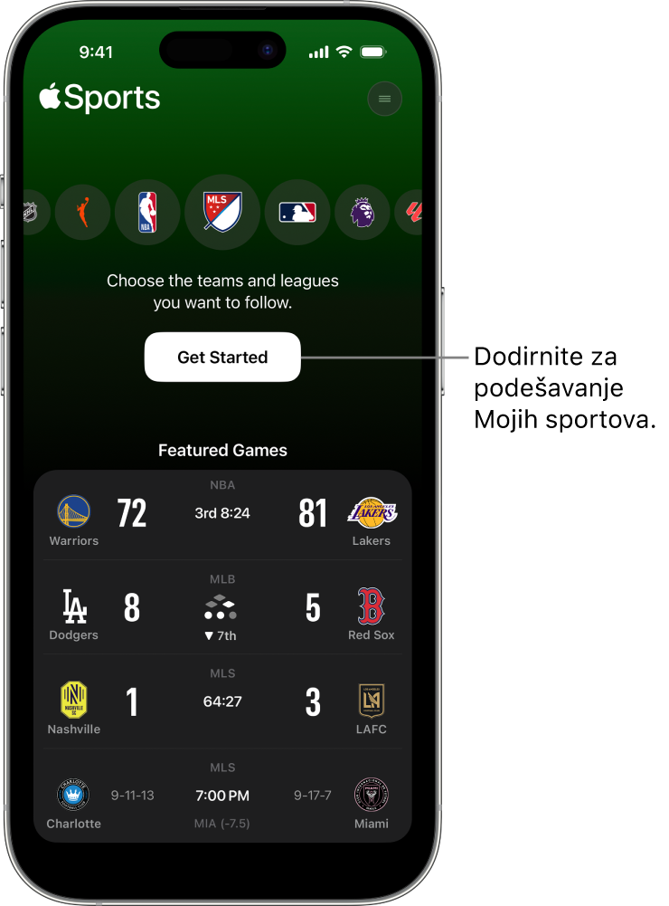 Zaslon za početak uporabe u aplikaciji Apple Sports
