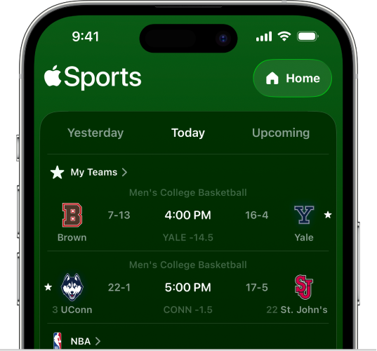 Zaslon s rezultatima aplikacije Apple Sports