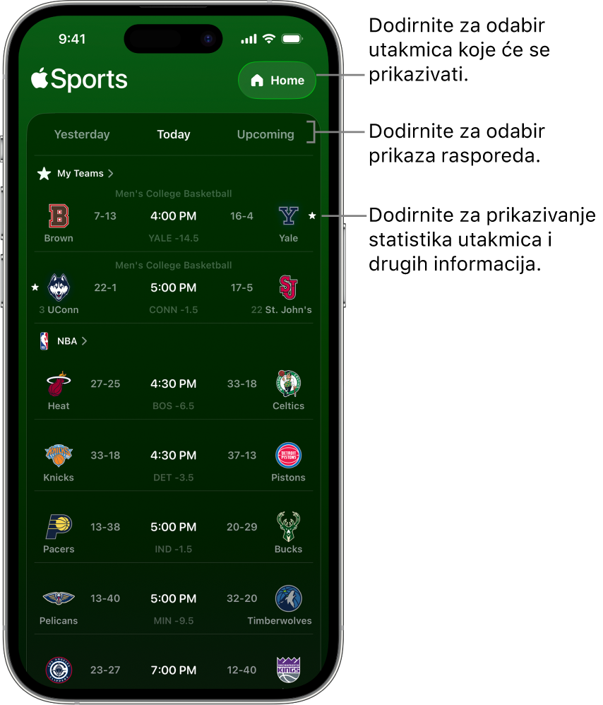 Detalji rezultata u aplikaciji Apple Sports