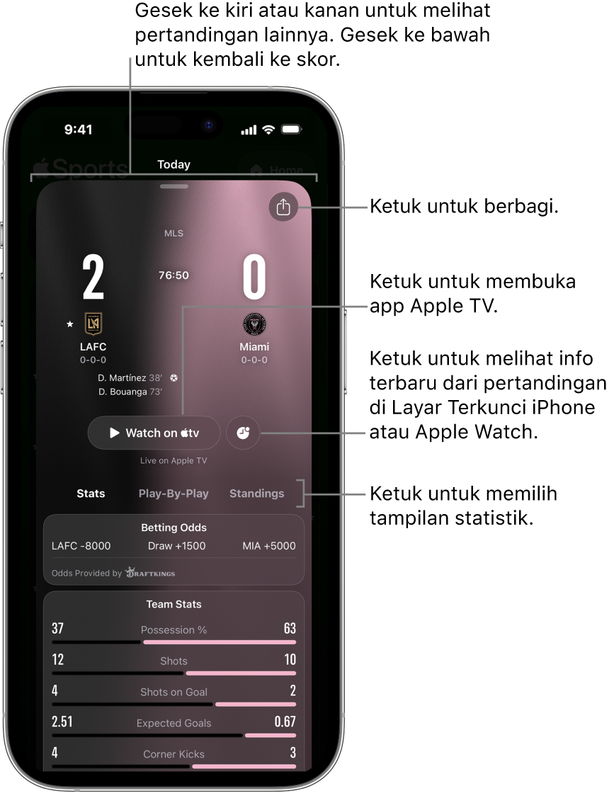 Detail kartu pertandingan di app Apple Sports