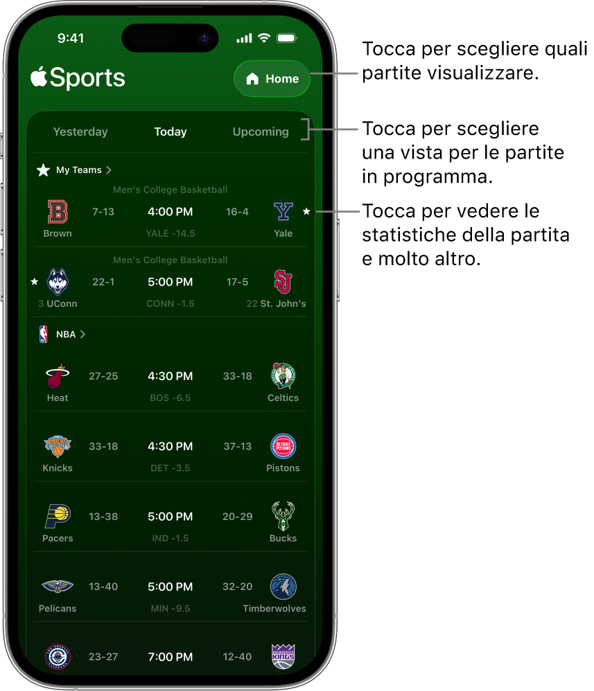 Dettagli dei punteggi nell’app Sport