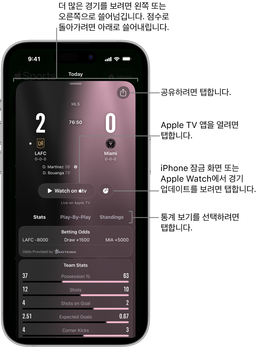 Apple Sports 앱의 경기 카드 세부사항