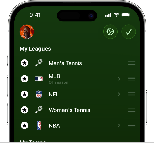 Apple Sports ആപ്പ് ടീമുകളും ലീഗുകളും സ്ക്രീൻ