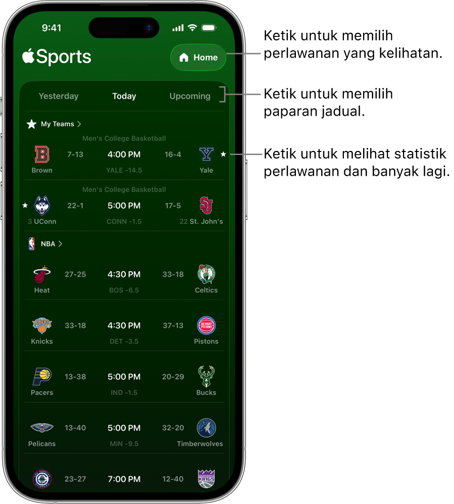 Butiran skor dalam app Apple Sports
