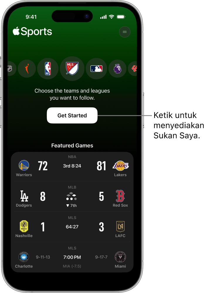 Skrin bermula dalam app Apple Sports
