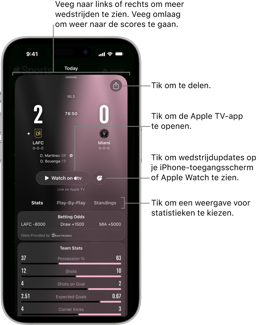Onderdeel van een wedstrijdkaart in de Apple Sports-app