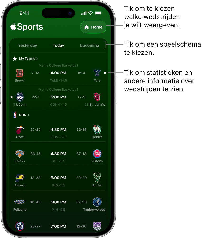 Gedetailleerde uitslagen in de Apple Sports-app