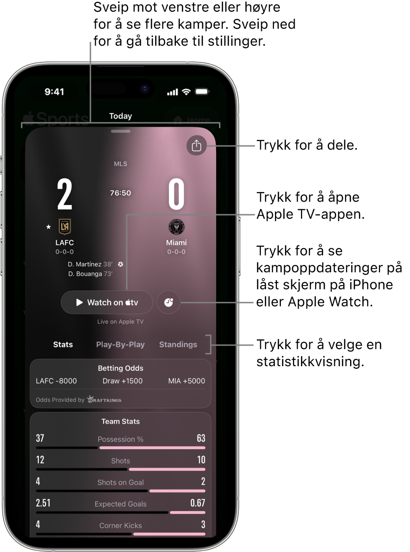 Kampinfo-detaljer i Sport-appen