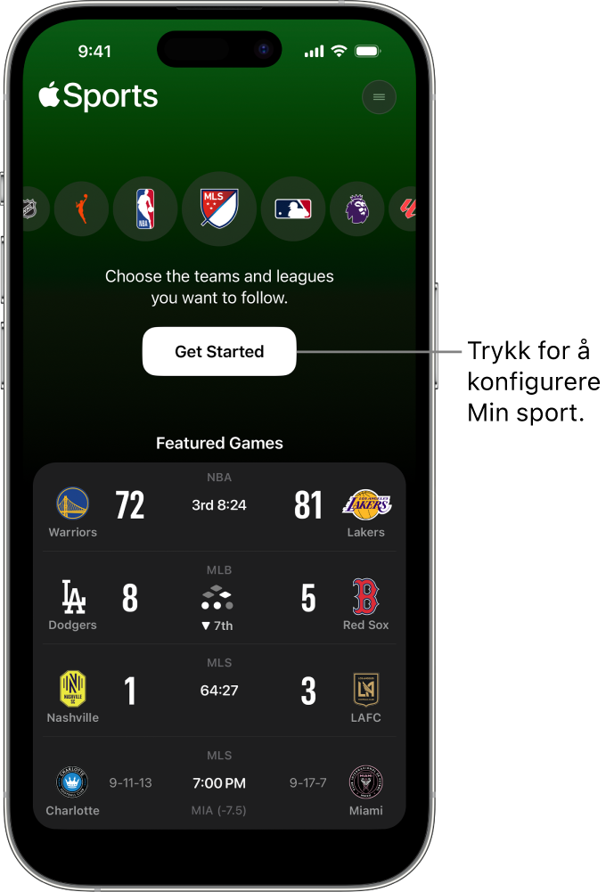 Kom i gang-skjermen i Sport-appen