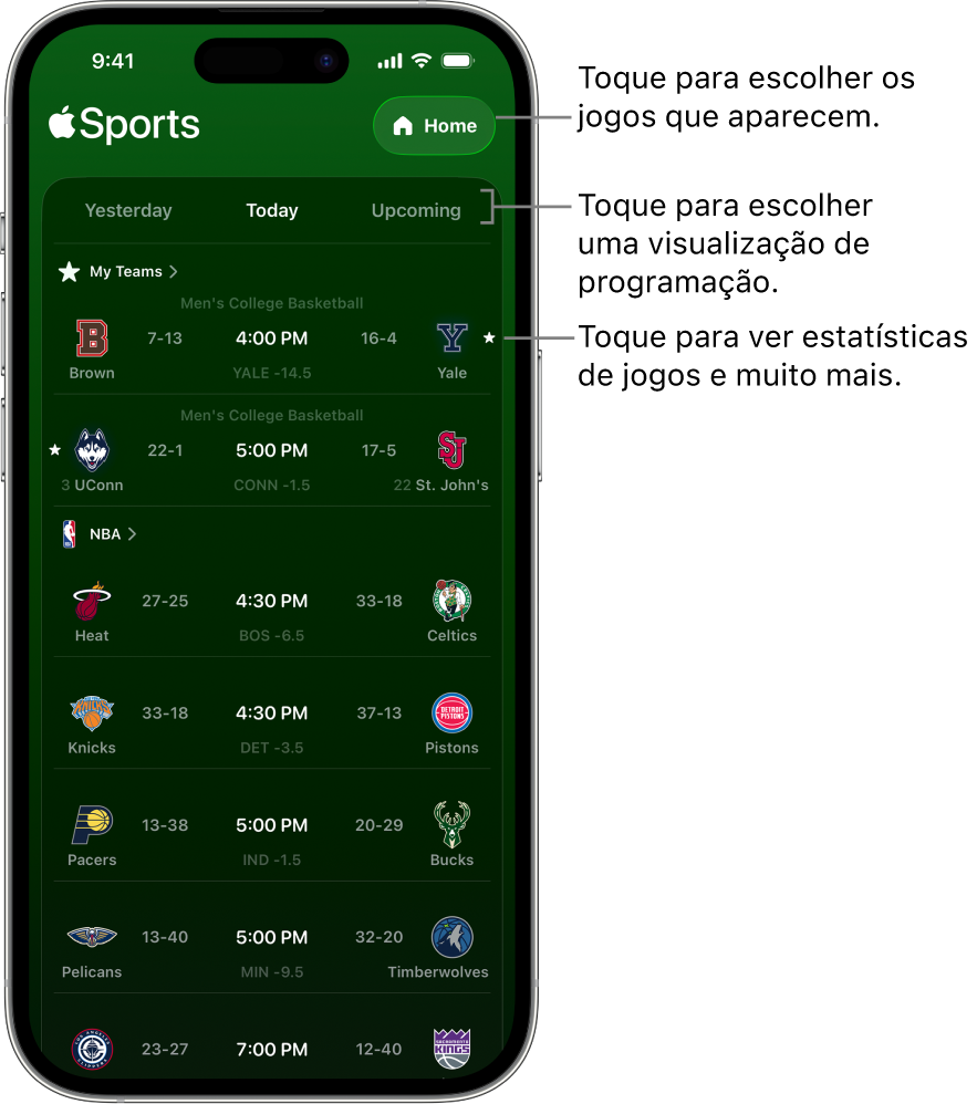Detalhe de placares no app Esportes