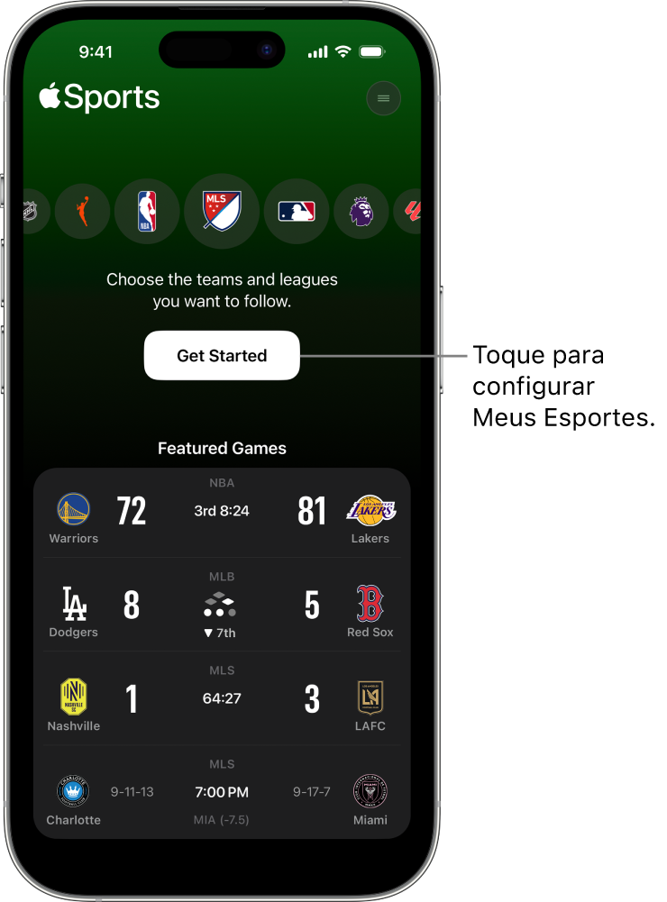 Tela de início do app Esportes