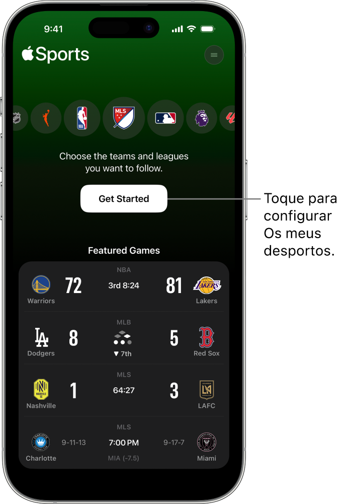 Ecrã de introdução na aplicação Apple Sports