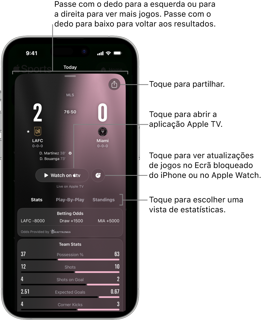 Detalhes da ficha de jogo na aplicação Apple Sports