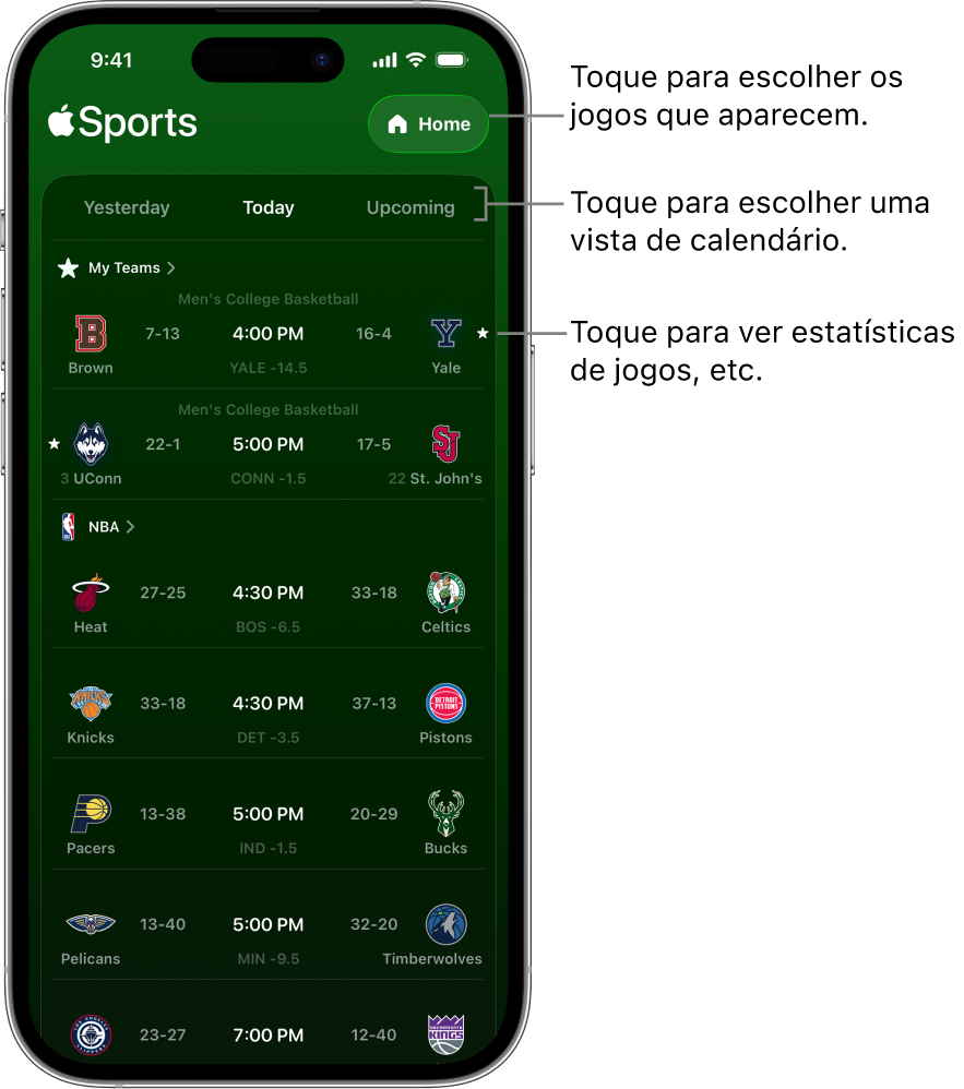 Detalhes de resultados na aplicação Apple Sports