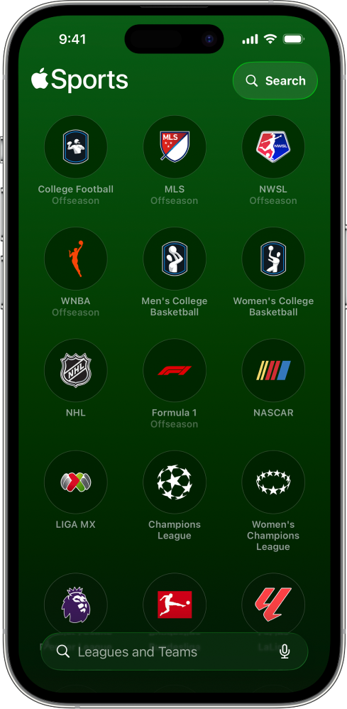 Căutarea în aplicația Apple Sports
