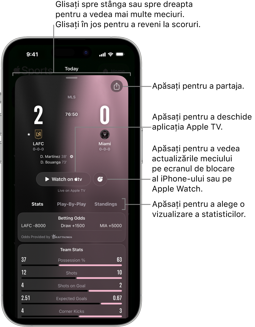 Detaliile ale fișei meciului în aplicația Apple Sports