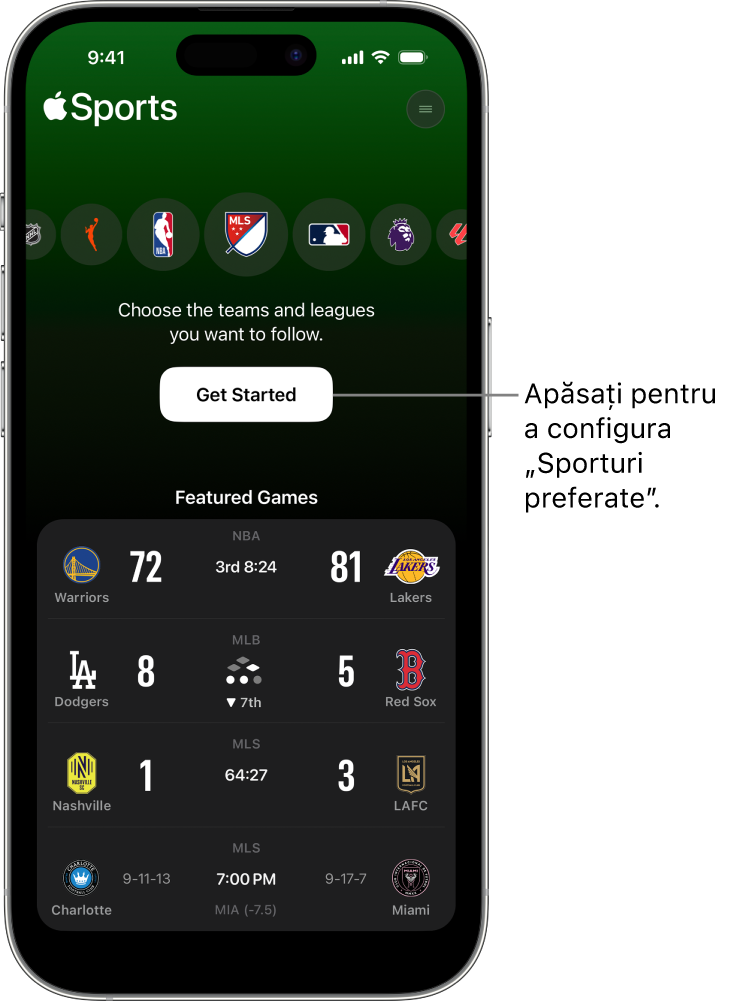 Ecranul introductiv din aplicația Apple Sports