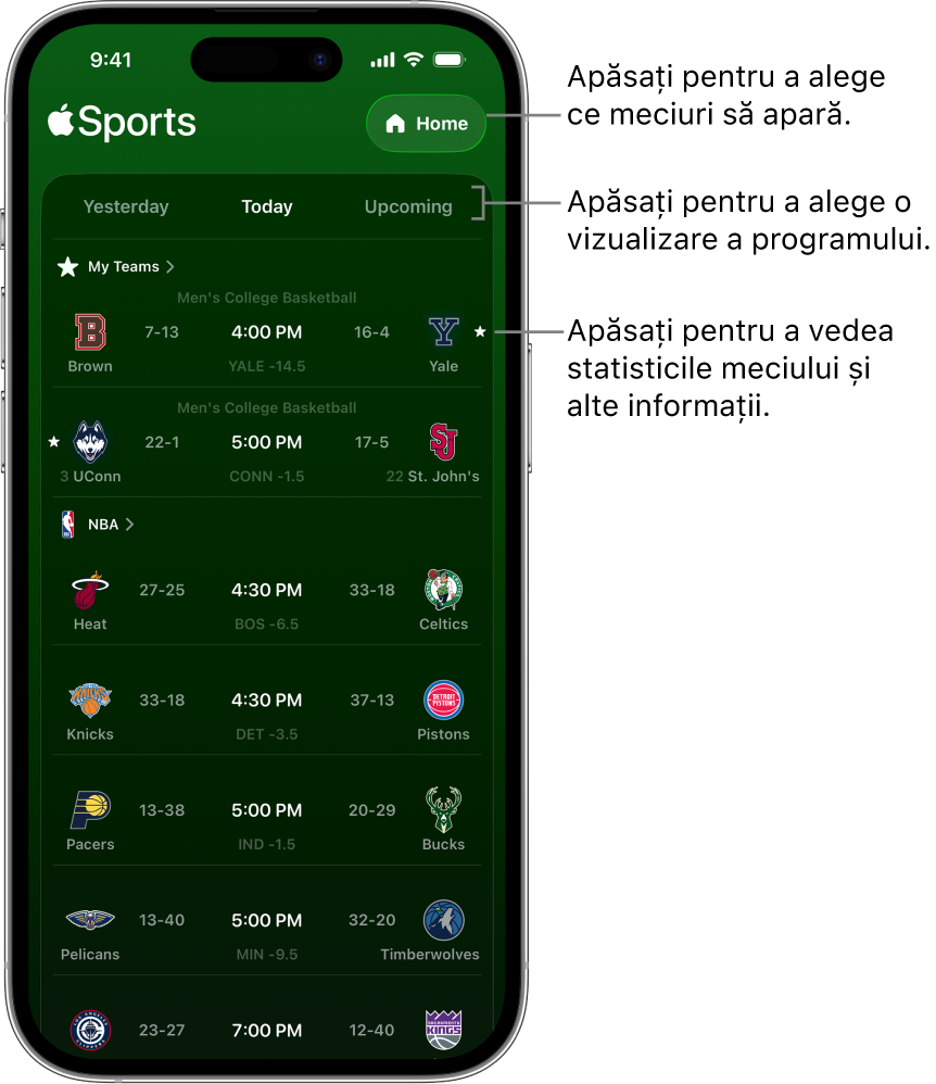 Detalii ale scorurilor în aplicația Apple Sports