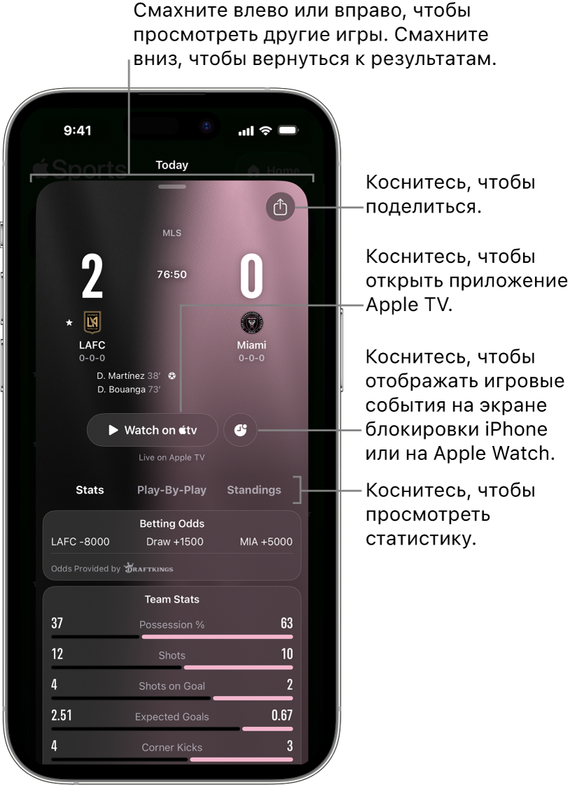 Подробные сведения на карточке игры в приложении Apple Sports