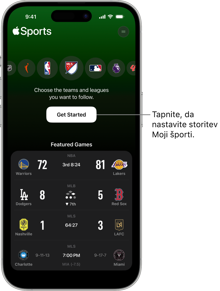 Začetni zaslon v aplikaciji Apple Sports
