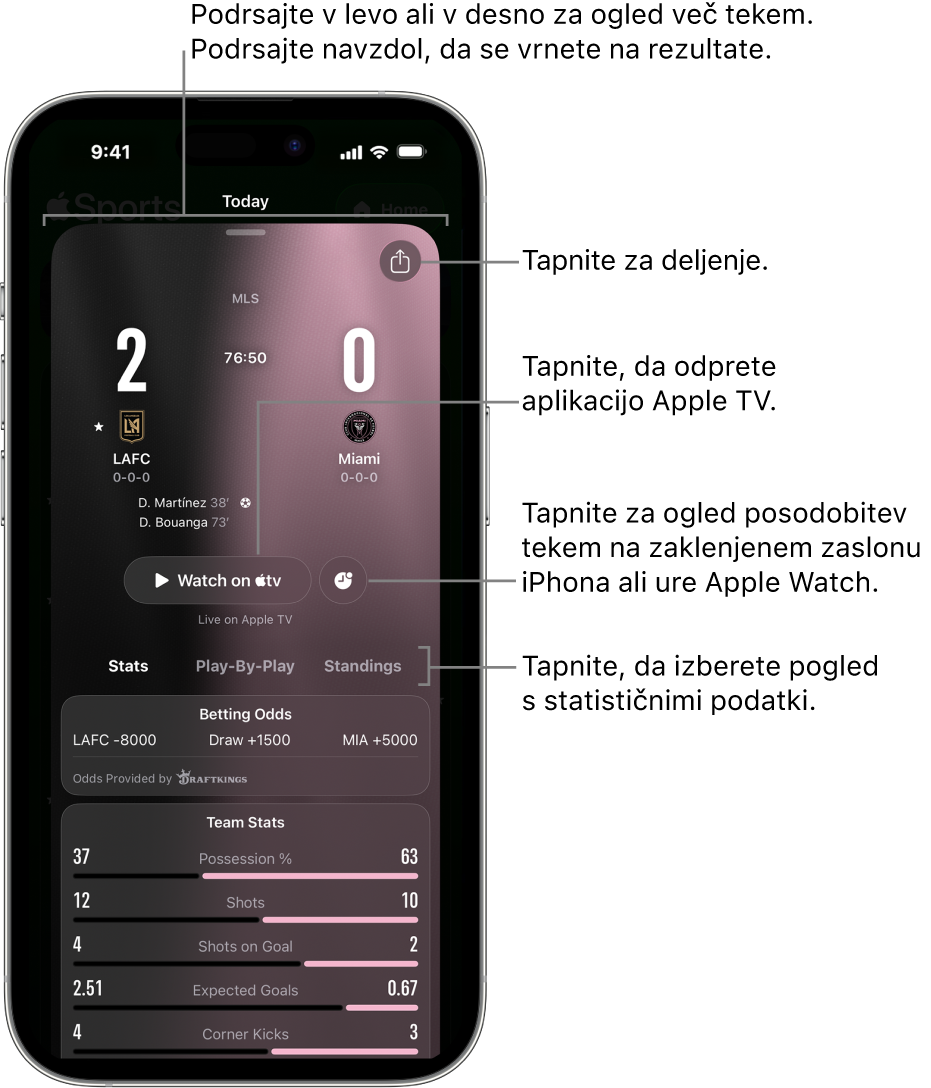 Podrobnosti kartice tekme v aplikaciji Apple Sports